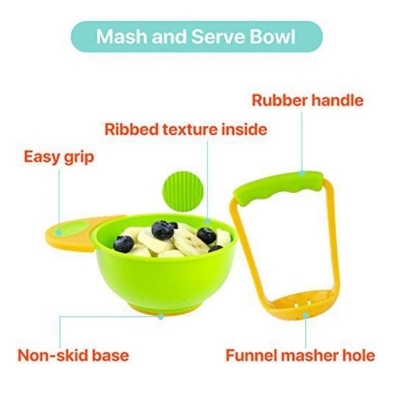 Baby Orange Green Mash & Serve Bowl Training Fork Spoon 5 Piece Feeding Set NEW - Picture 4 of 12